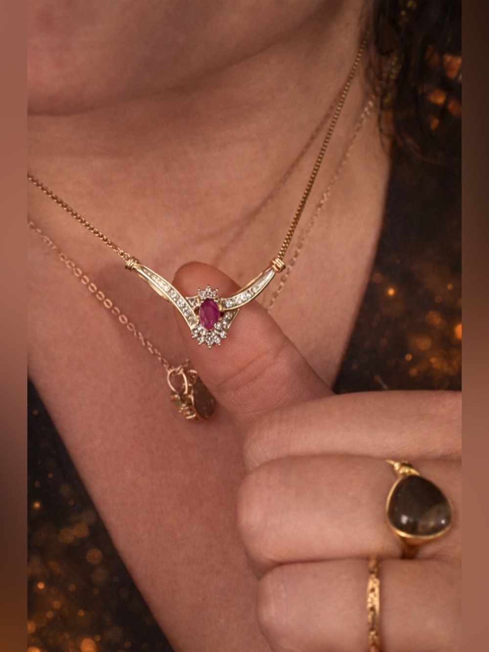Vintage Italian ADL 10k Gold Ruby & Baguette Diamond Designer Necklace 4.3 grams - Picture 8 of 16